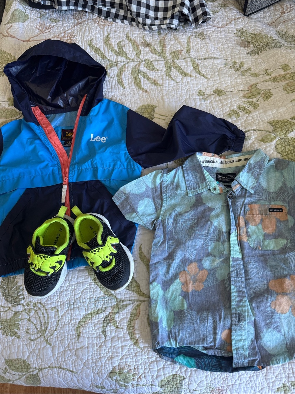 Lee blue and navy colorblock hooded jacket with neon green dinosaur slip-ons